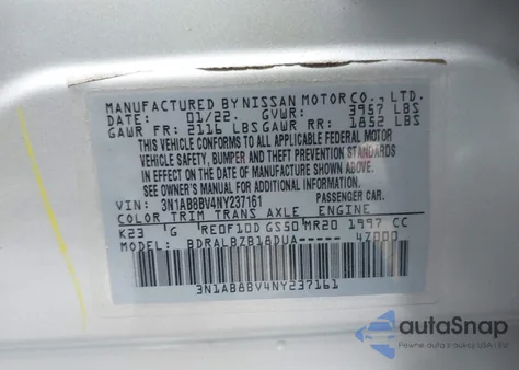 2022 Nissan Sentra S Xtronic Cvt z USA, uszkodzony, nr VIN 3N1AB8BV4NY237161